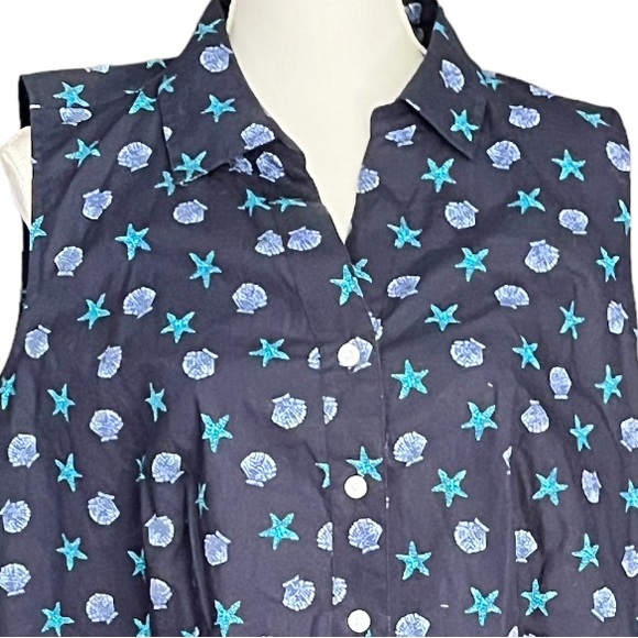 Talbots Top Button Up Sleeveless Plus Size 1X Navy Blue Starfish Shells NEW - Picture 2 of 7